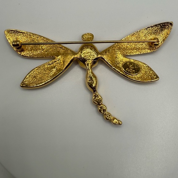 Vintage K.J.L. for Avon Dragonfly Brooch – Gold Tone Enamel Rhinestone Pin - Picture 4 of 5